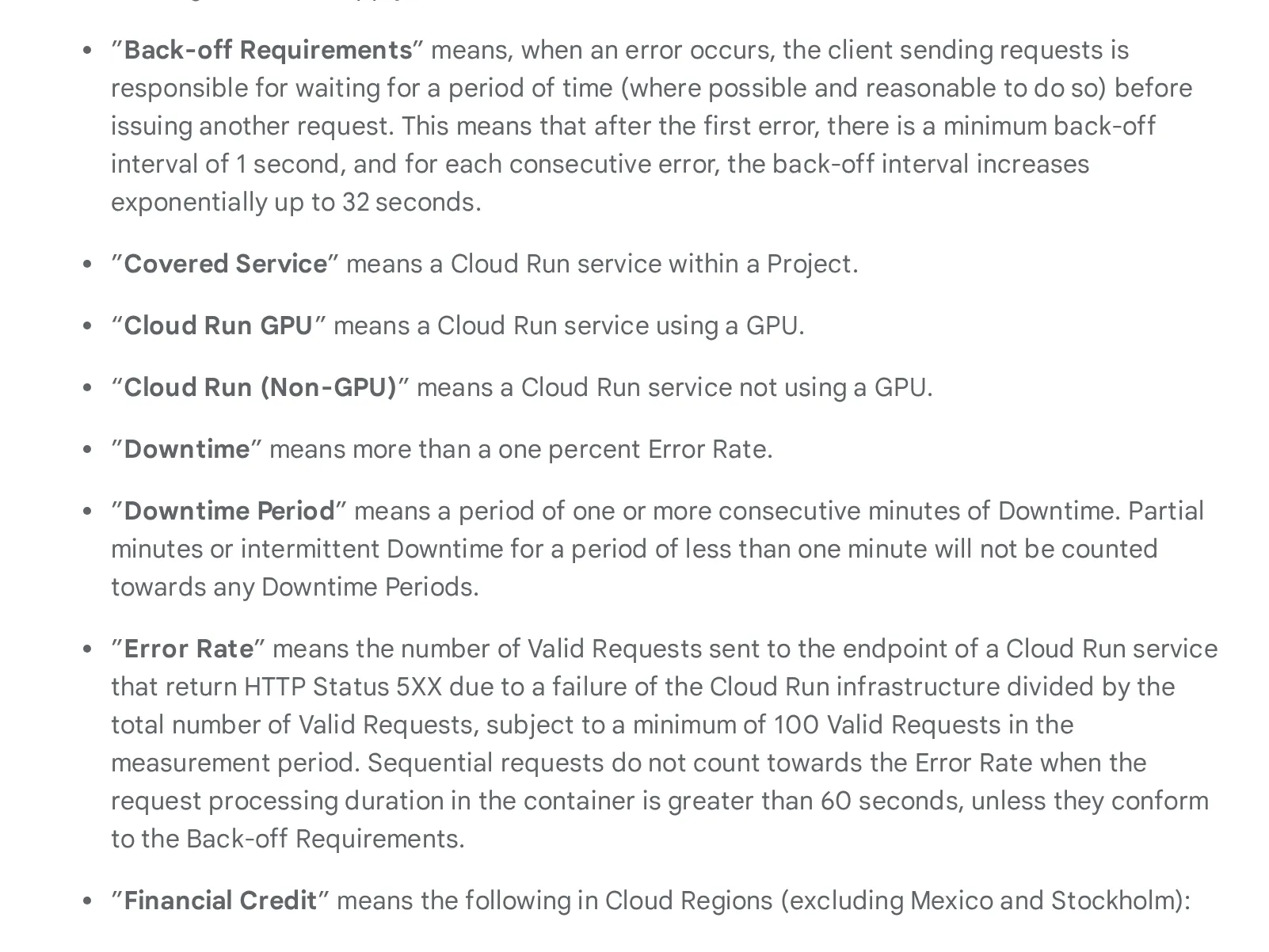 Google Cloud Run functions SLA definitions