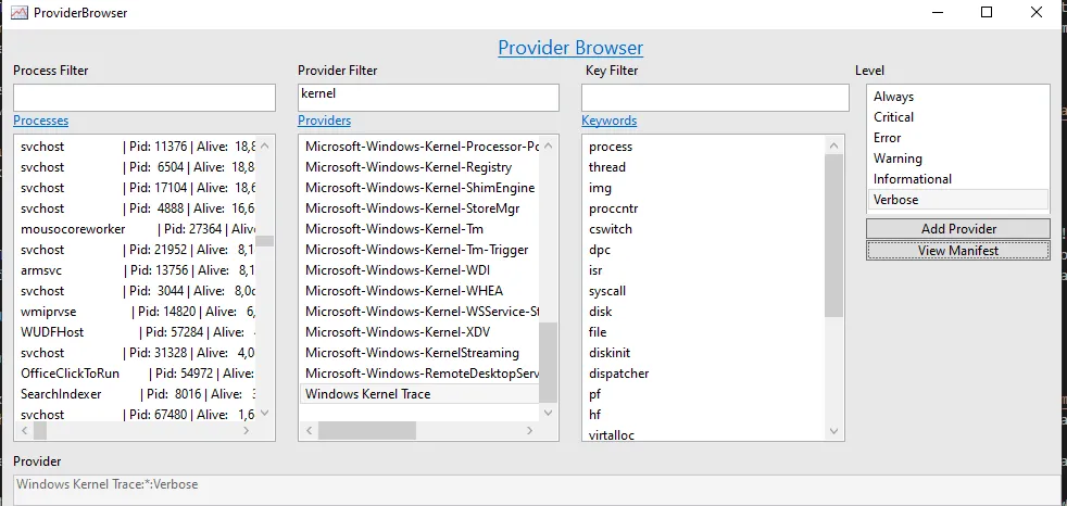 PerfView's providers browser