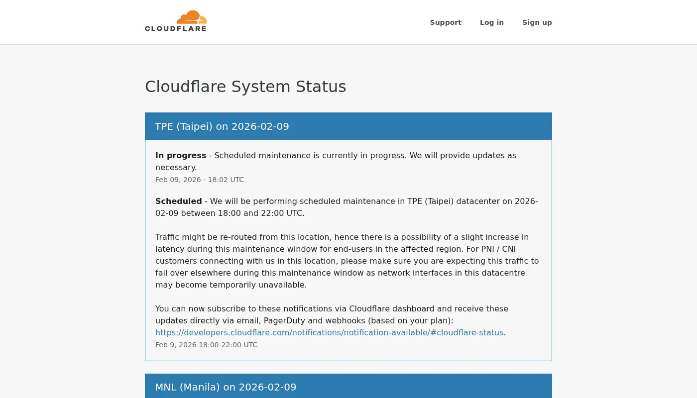 Cloudflare System Status showing an ongoing scheduled maintenance