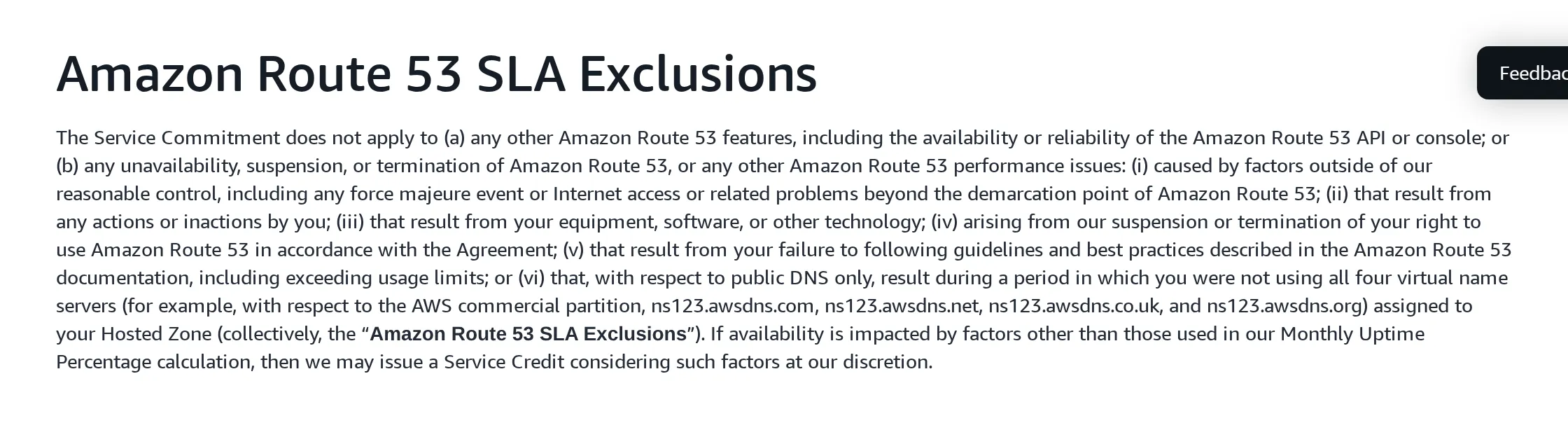 SLA Exclusions section of the AWS Route 53 contract